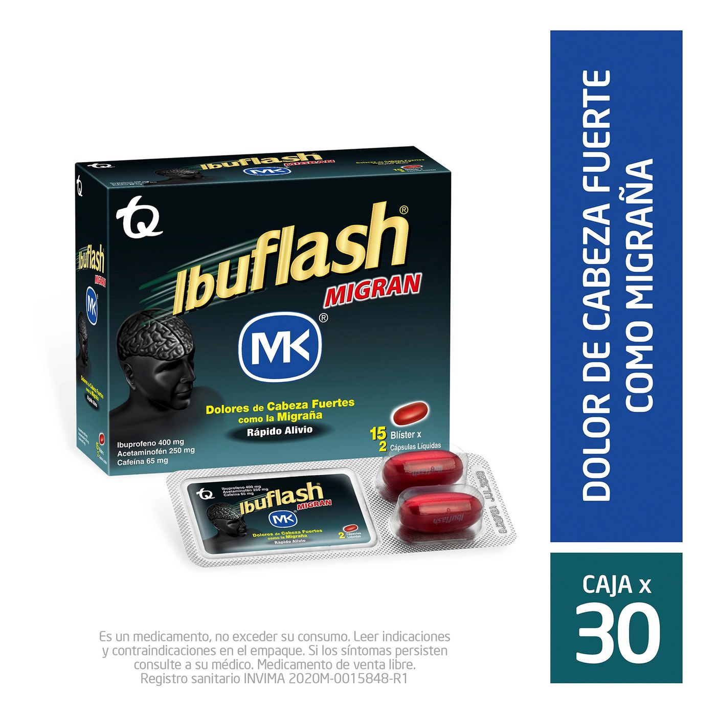 Ibuflash Migran MK Dolores de Cabeza Fuertes Blister x 2 Cápsulas Líquidas Caja x 15 Uds