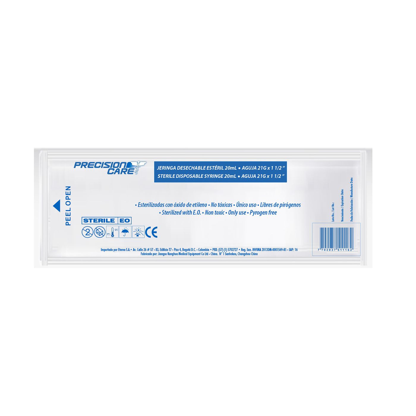 Jeringa Precisión Care Con Aguja Prellenada 20 Ml 21 G X 1 1/2 Paquete X 1 Ud.