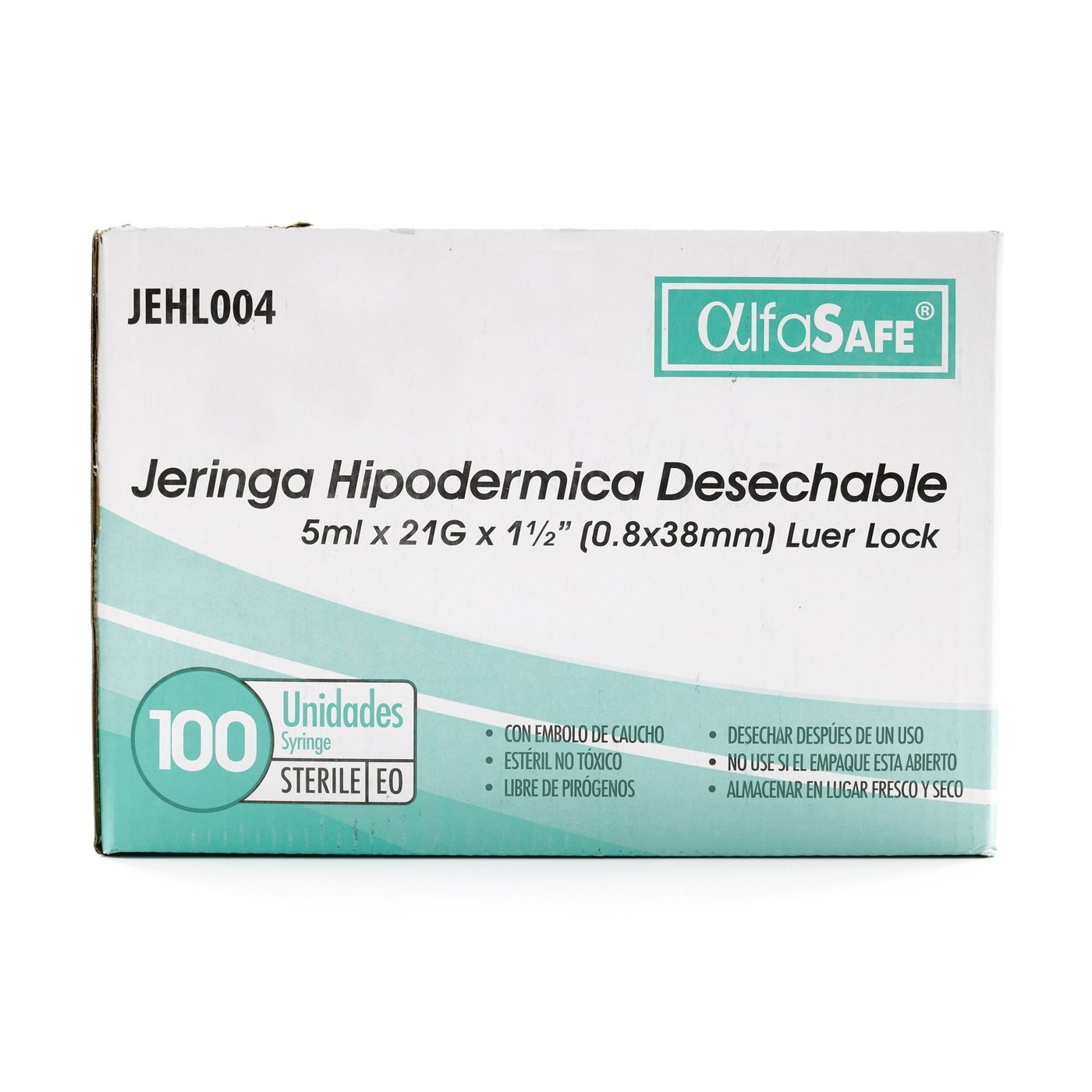 Jeringa Hipodérmica Desechable Alfa Safe 5 mL x 21 g x 1 1/2 Pulg Luer Lock Caja x 100 Uds