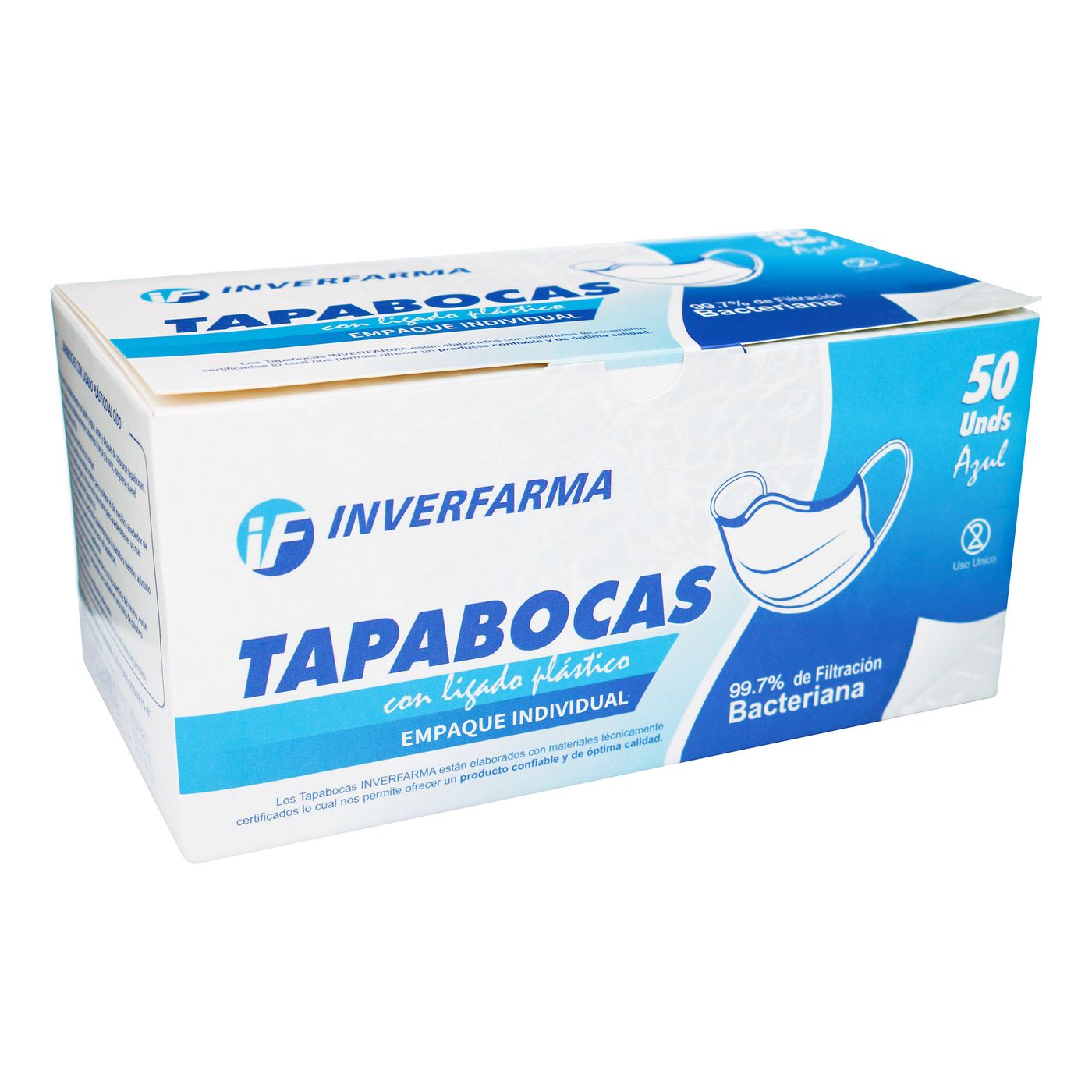 Tapabocas Inverfarma Con Ligado Plástico Empaque Individual Azul Caja X 50 Uds.