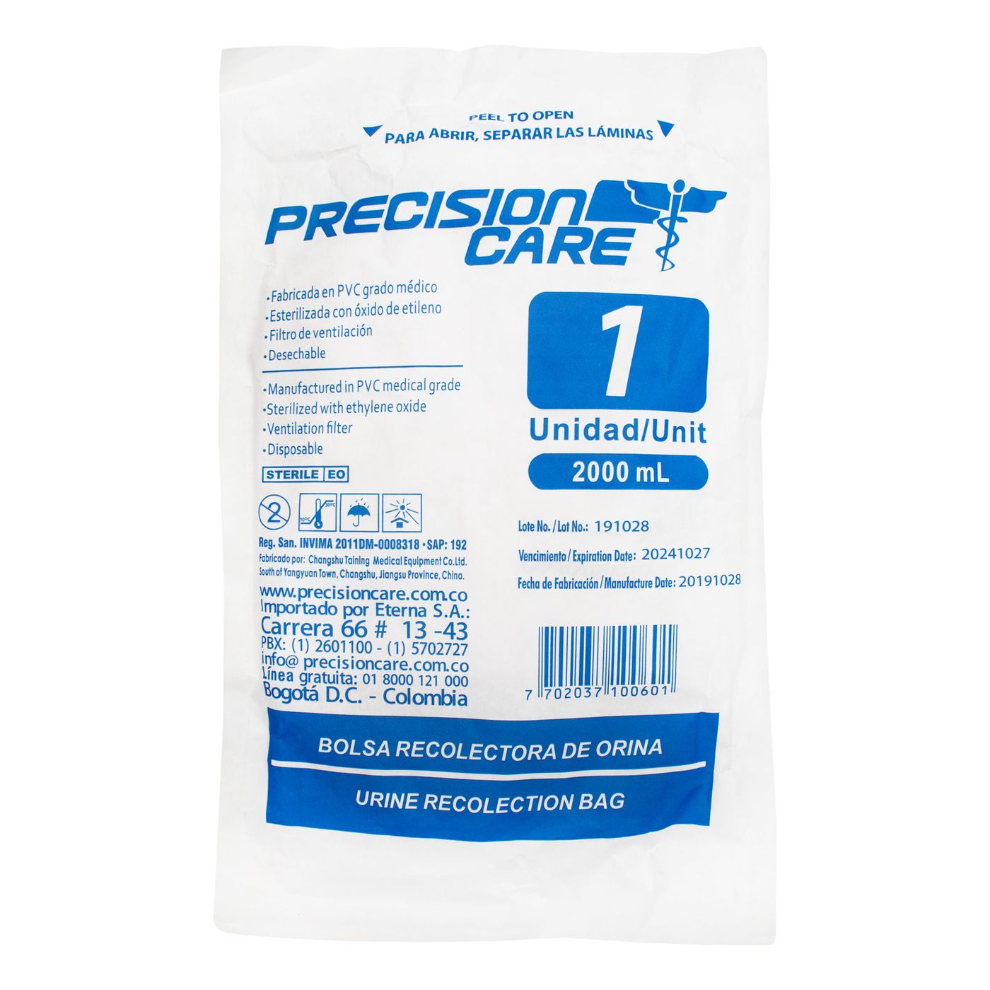 Bolsa Recolectora de Orina Precisión Care x 2000 mL Paquete x 1 Ud