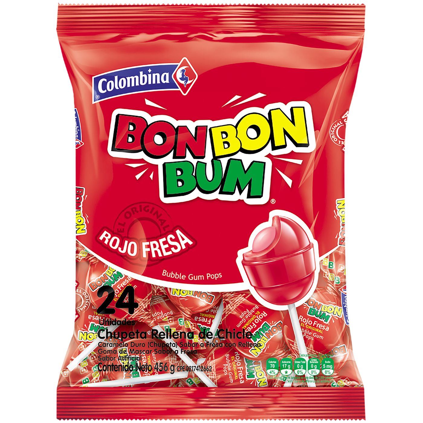 Chupeta Bon Bon Bum Rojo Fresa Rellena de Chicle Paquete x 456 g x 24 Uds