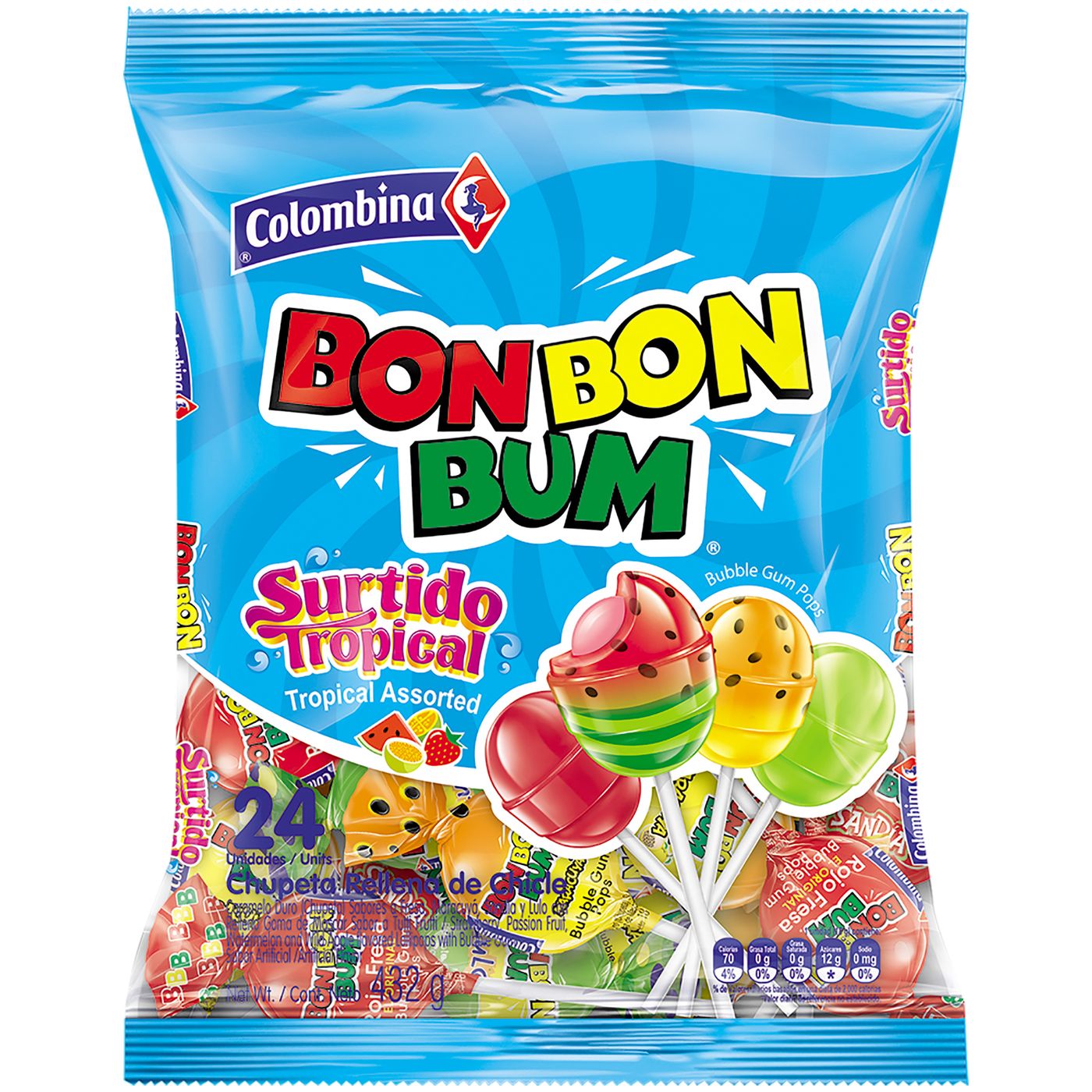 Chupeta Bon Bon Bum Surtido Tropical Rellena de Chicle Paquete x 432 g x 24 Uds