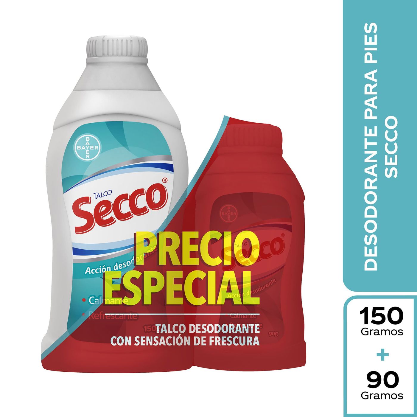 Talco Secco Bayer Acción Desodorante Frasco x 150 g + Talco Secco Bayer Acción Desodorante Frasco x 90 g Precio Especial.