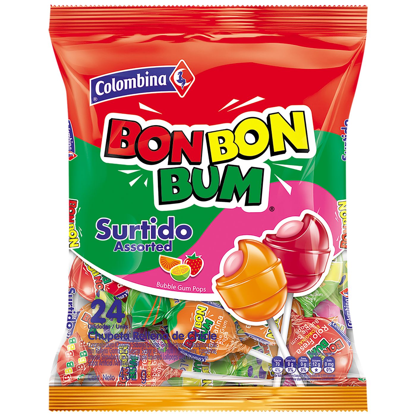 Chupeta Bon Bon Bum Surtido Rellena de Chicle Paquete x 456 g x 24 Uds