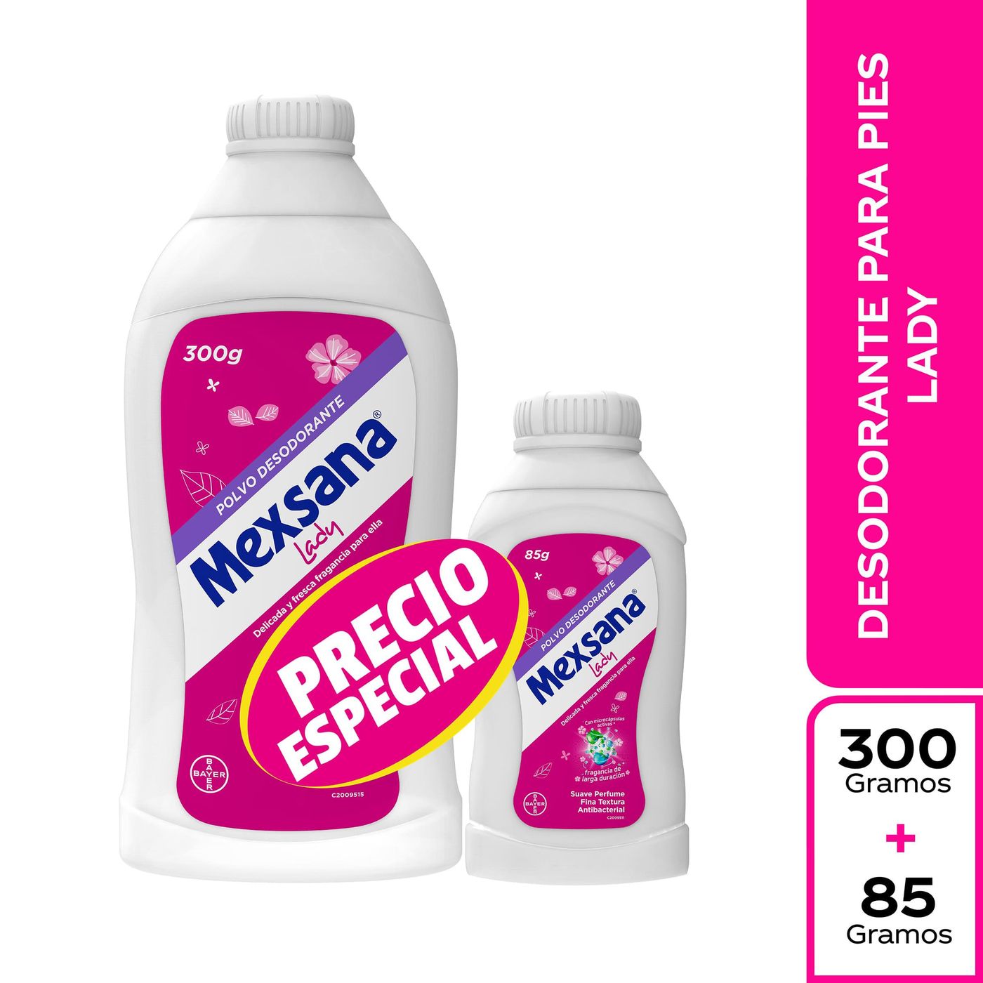 Talco Mexsana Lady Bayer Antibacterial Frasco x 300 g + Talco Mexsana Lady Bayer Antibacterial Frasco x 85 g Precio Especial.