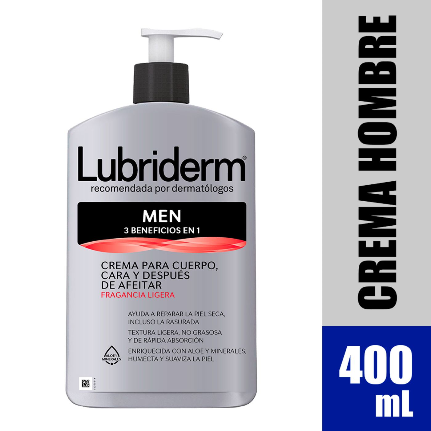 Crema Lubriderm Men 3 Beneficios en 1 Fragancia Ligera Frasco x 400 mL.