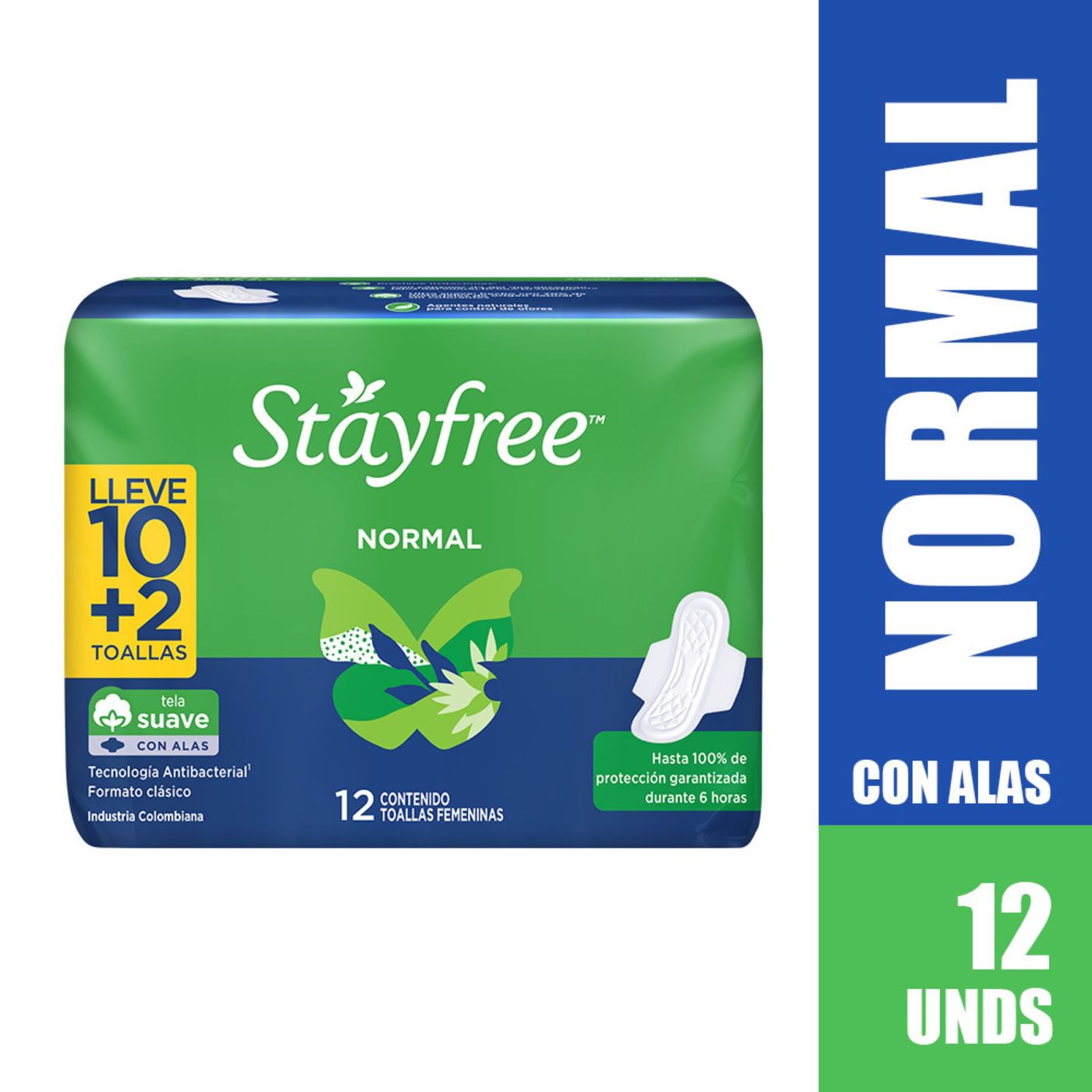 Toallas Femeninas Stayfree Normal con Alas Paquete x 12 Uds Lleve 10+2.