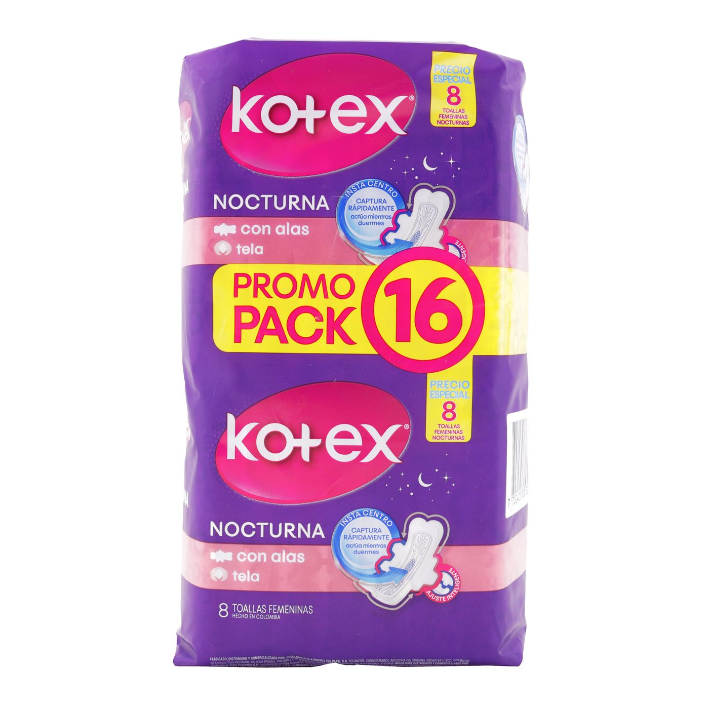 Toallas Higiénicas Kotex Nocturna Tela Con Alas Paquete X 8 Uds X 2 Uds Pack.