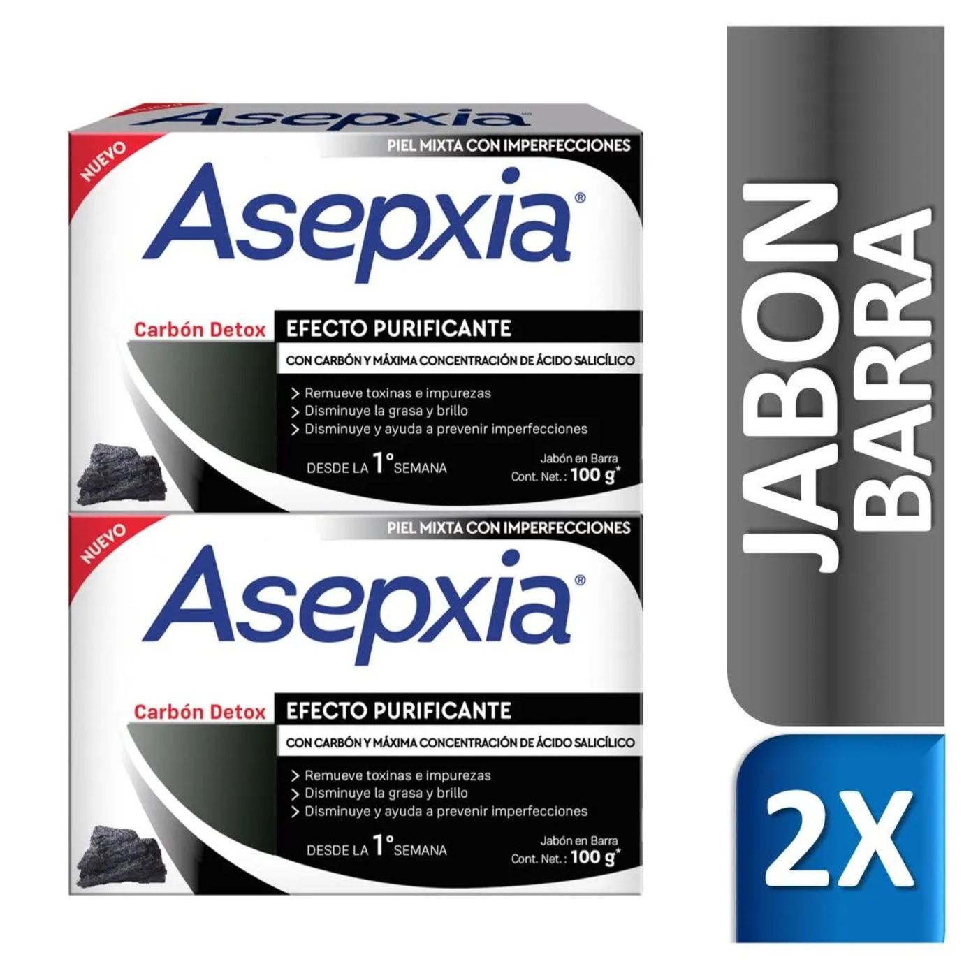 Super Oferta Jabón Asepxia Carbón Detox Barra 100g Paquete x 2 Unds