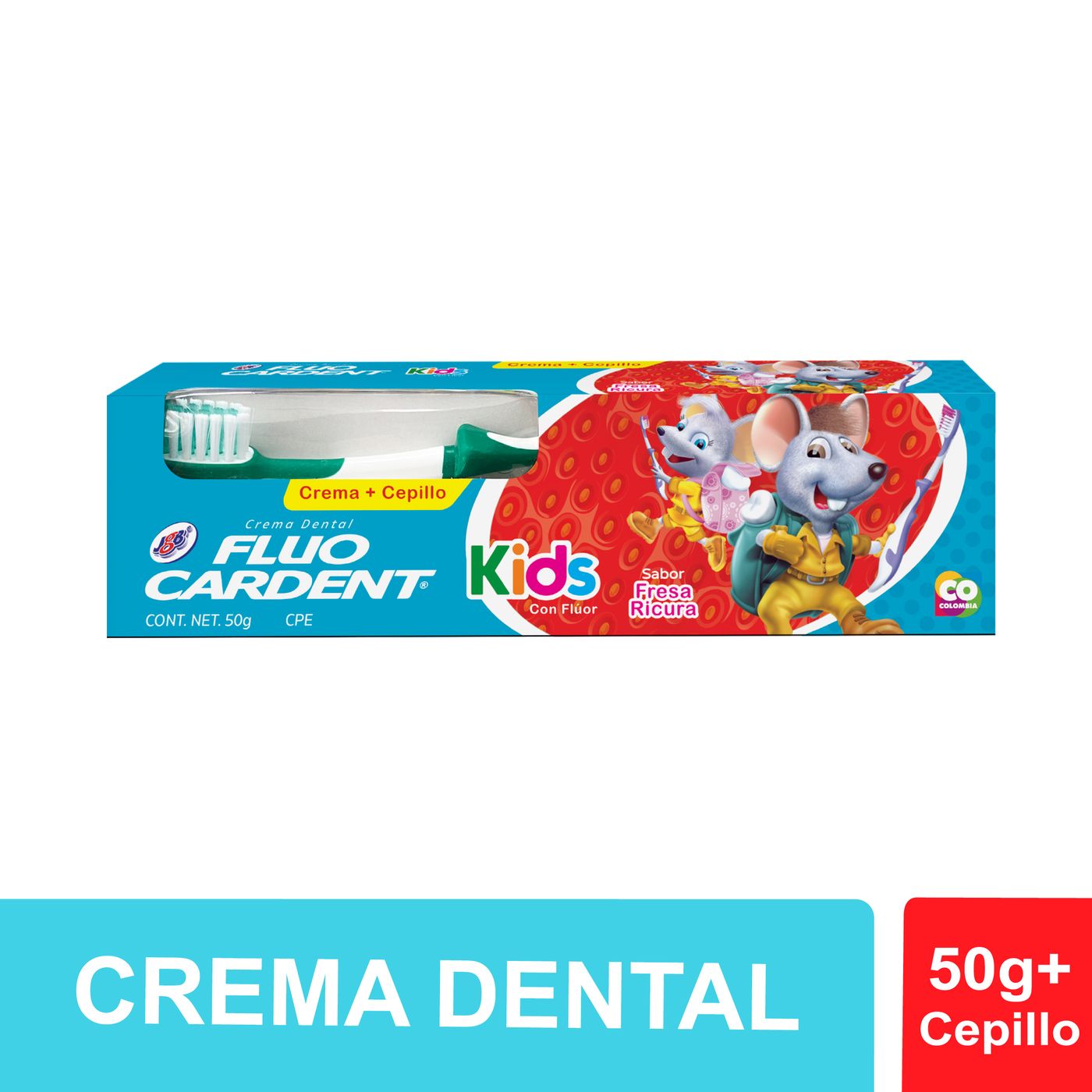 Crema Dental Fluo Cardent Kids Fresa Ratones Pérez Caja x 50 g + Cepillo Dental Fluo Cardent Kids x 1 Ud