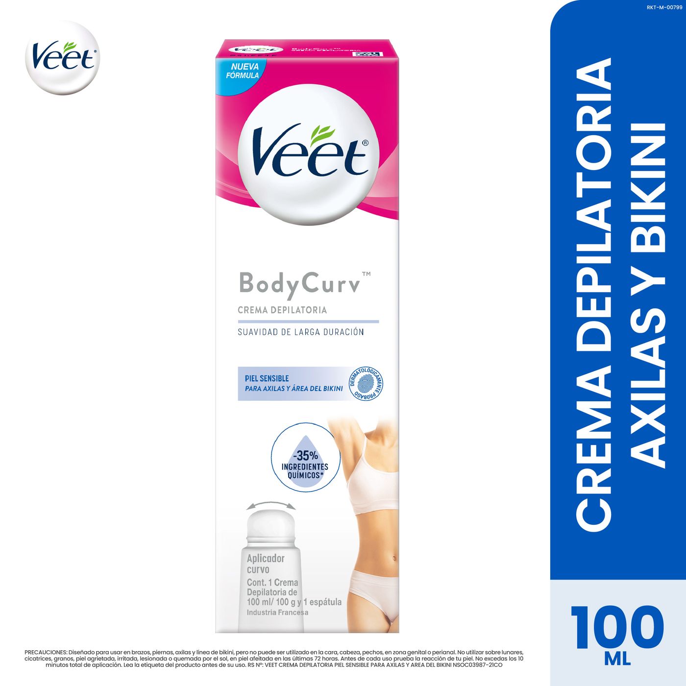 Crema Depilatoria Veet Body Curv Piel Sensible Axilas y Área del Bikini Aplicador Curvo Tubo x 100 mL.