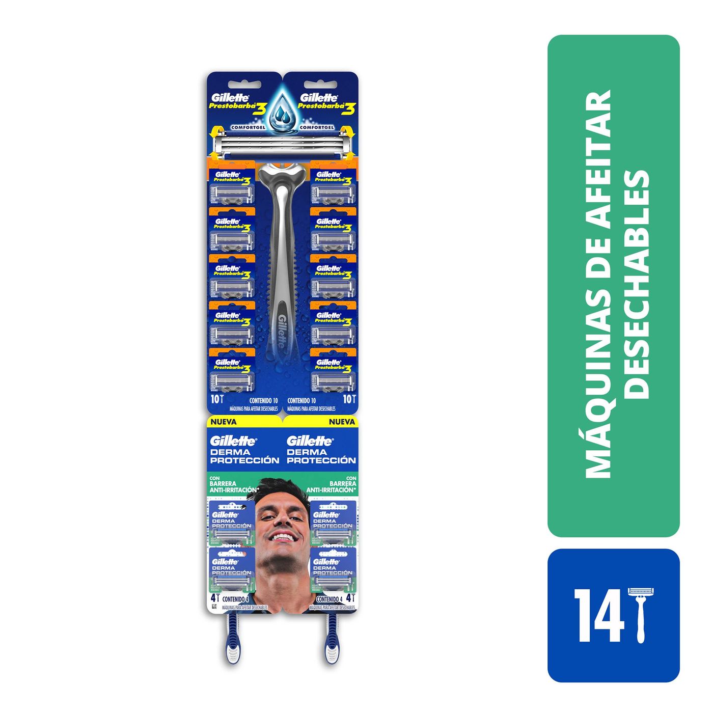 Máquina Para Afeitar Gillette Prestobarba3 X 10 Uds + Máquina Para Afeitar Gillette Derma Protección X 4 Uds