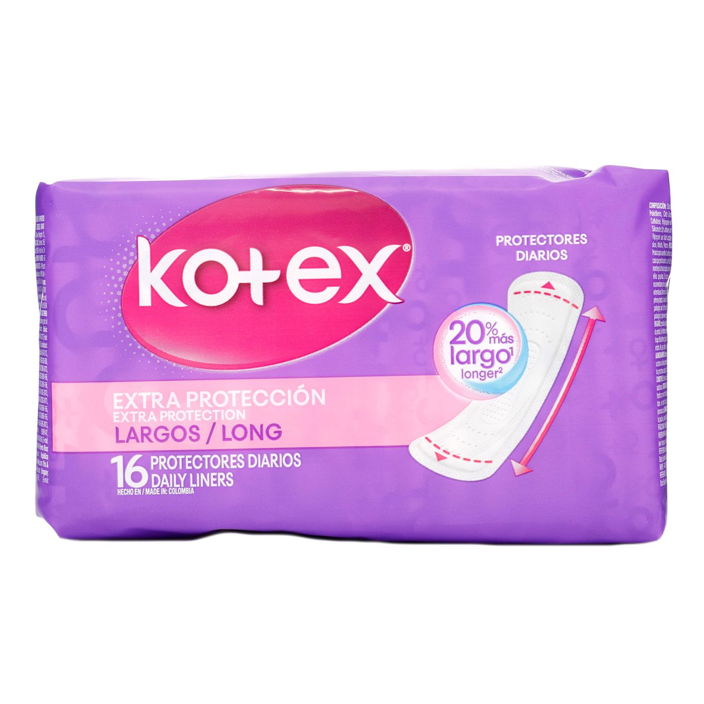 Protectores Diarios Extra Protección Largos Kotex Paquete x 16 uds