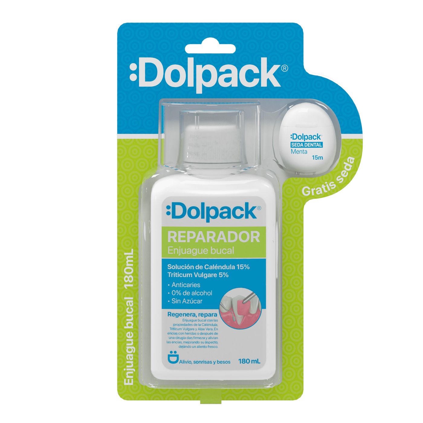 Enjuague Bucal Reparador Dolpack Frasco x 180 mL + Seda Dental Menta x 15 m