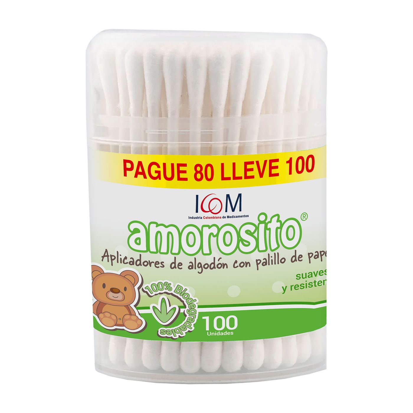 Aplicadores de Algodón Biodegradables Amorosito Frasco x 100 uds