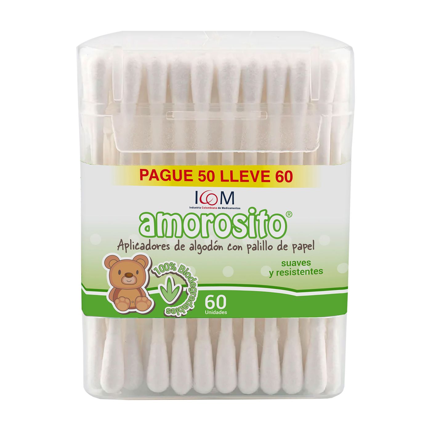 Aplicadores de Algodón Biodegradables Amorosito Frasco pague 50 lleve 60 uds