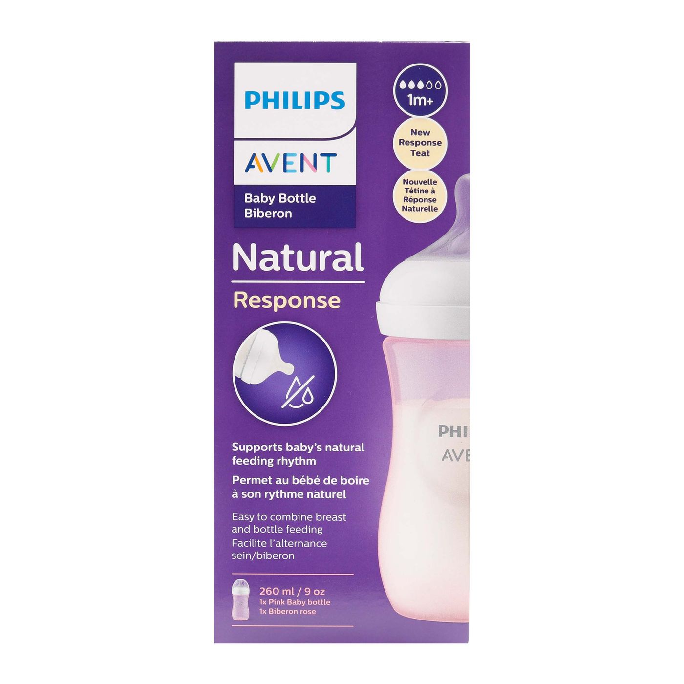 Biberón Rosado Respuesta Natural Phillips con Tetina Flujo 3 Unidad x 260 mL